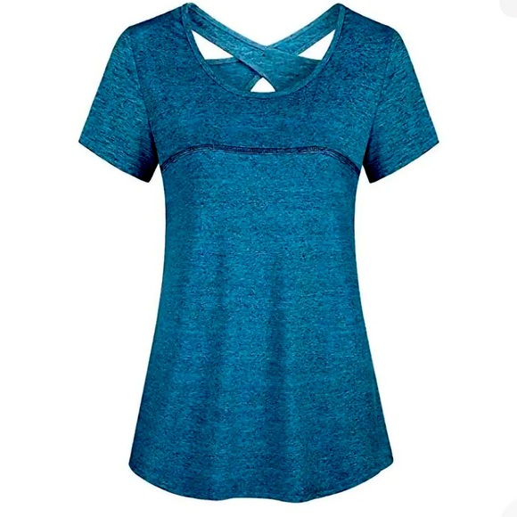 Short Sleeve Yoga Tops Activewear Running Workouts Cross Back Sport Shirt,Medium - Picture 1 of 6